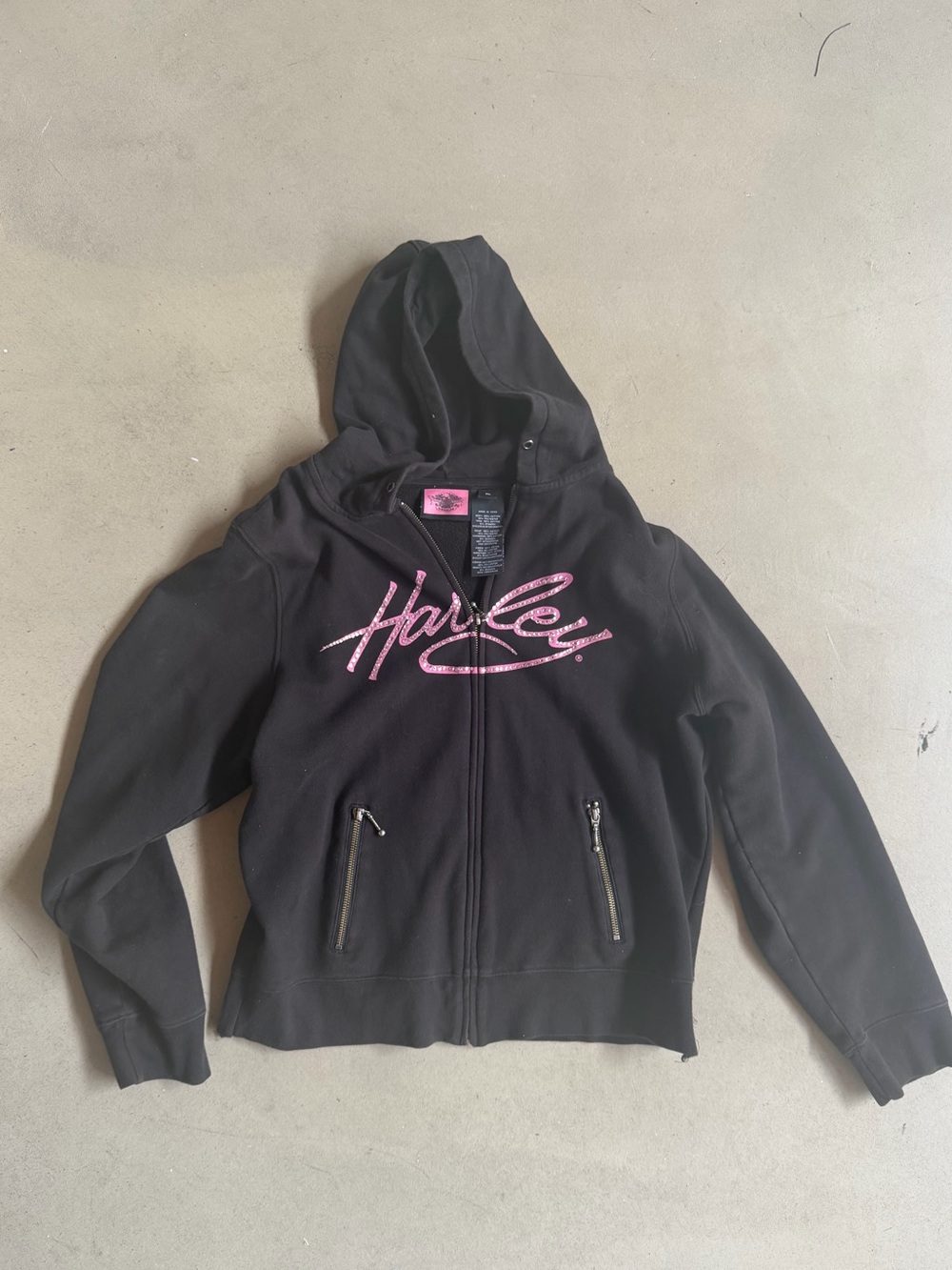 Y2K Harley-Davidson Black Zip Hoodie with Pink Script Logo